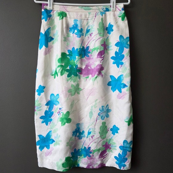 Vintage Adrianna Papell 100% Silk Floral Skirt Set Blue Green Purple Womens 8 - Picture 7 of 13